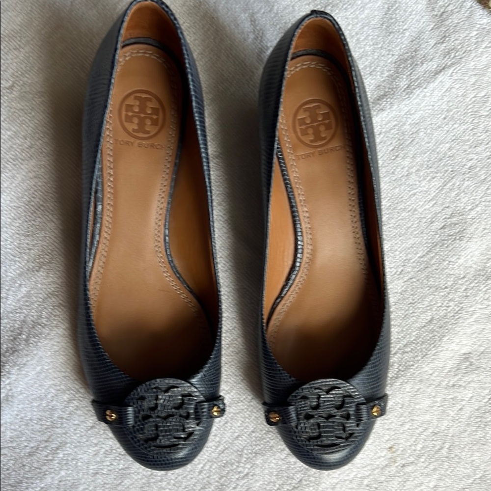 Tory Burch Navy Textured Wedges